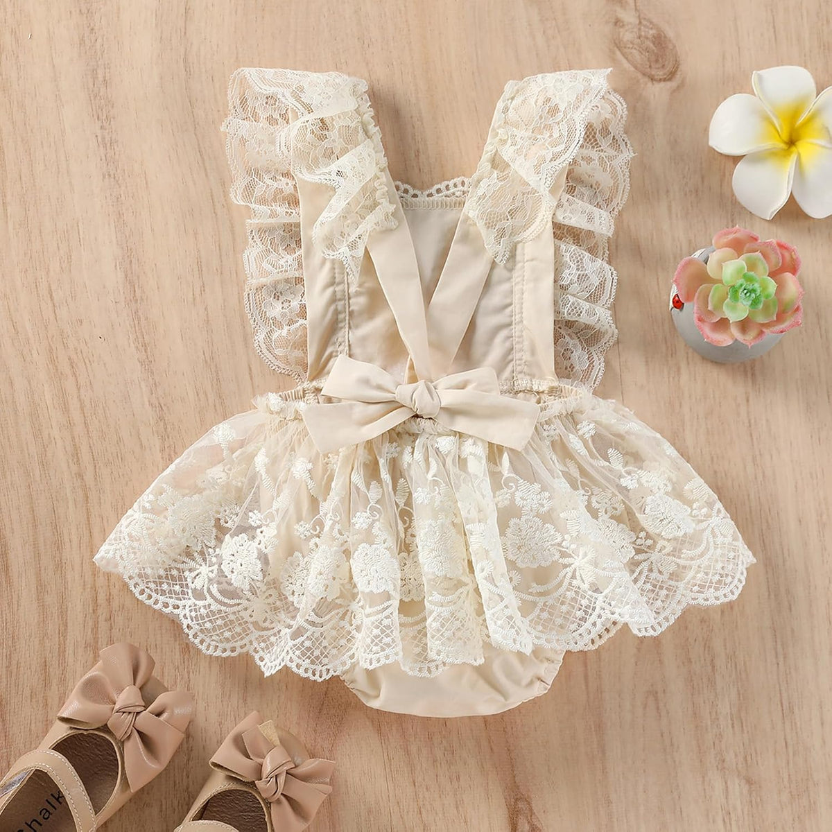 Infant First Birthday Outfit Baby Girls Boho Lace Ruffle Romper Tutu Dress with Headband for Newborn Cake Smash