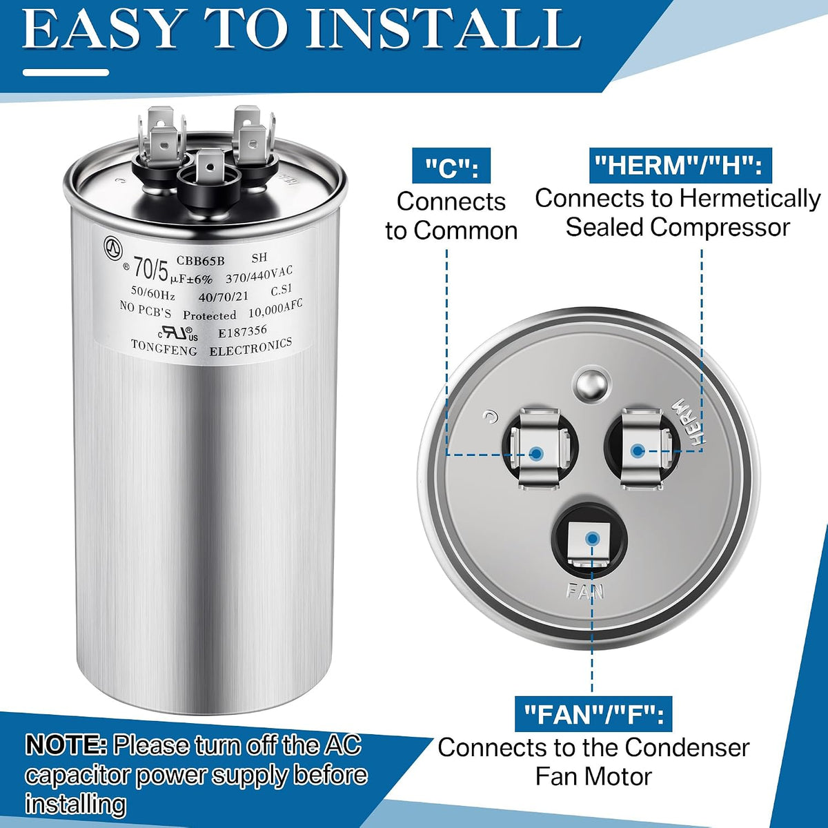 Umigy 2 Pack 70/5 uF 70+5 MFD 370/440VAC Dual Run Round Capacitor