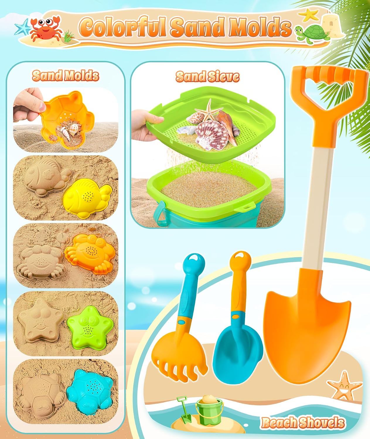 Collapsible Beach Sand Toys for Kids Toddlers, Collapsible Sand Bucket | Sand Sifter Shovels Set with Mesh Bag and