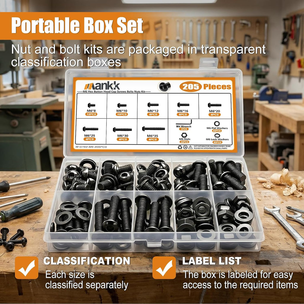 mankk 205PCS M6 Bolt Assortment Kit Button Head Hex Socket Cap Screws