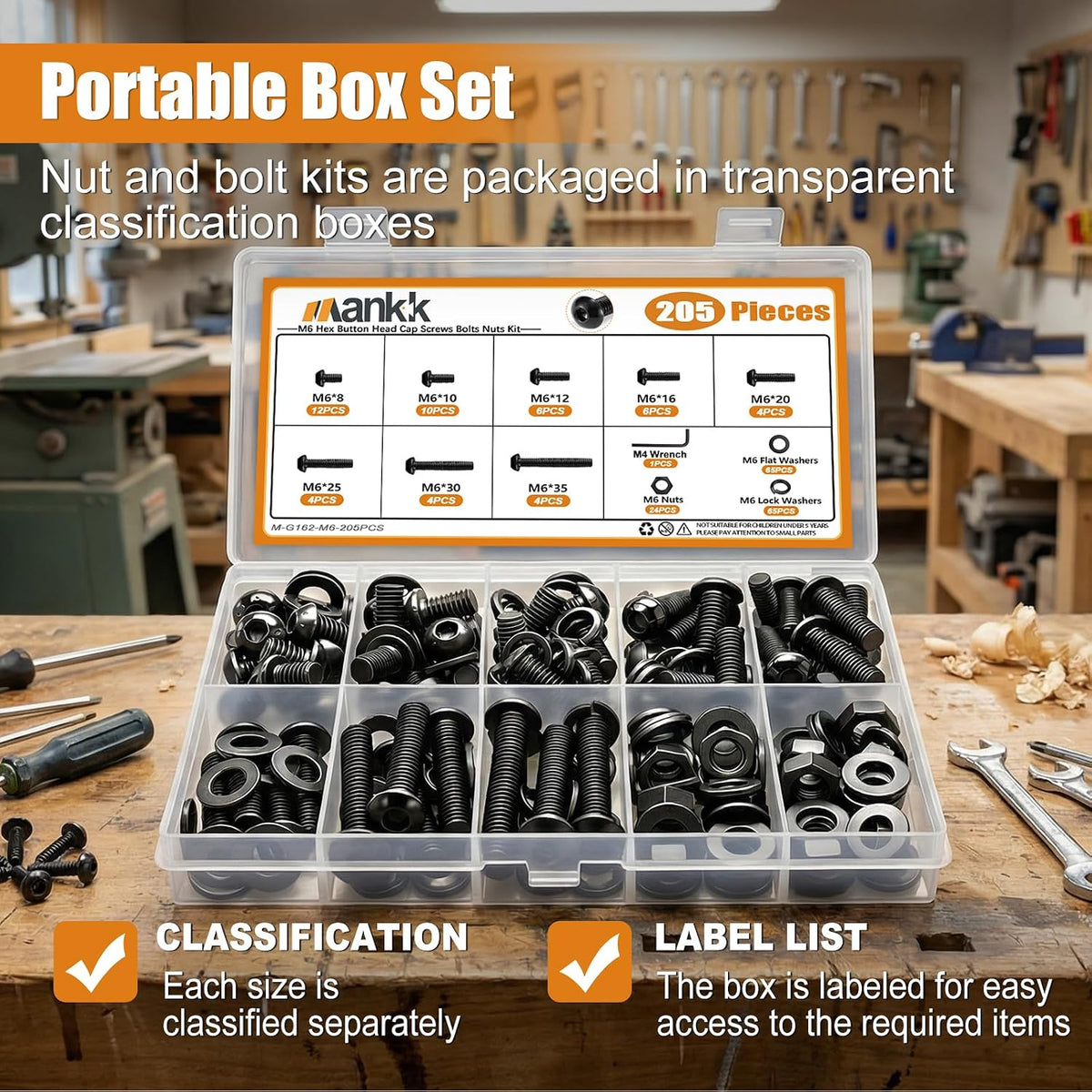 mankk 205PCS M6 Bolt Assortment Kit Button Head Hex Socket Cap Screws