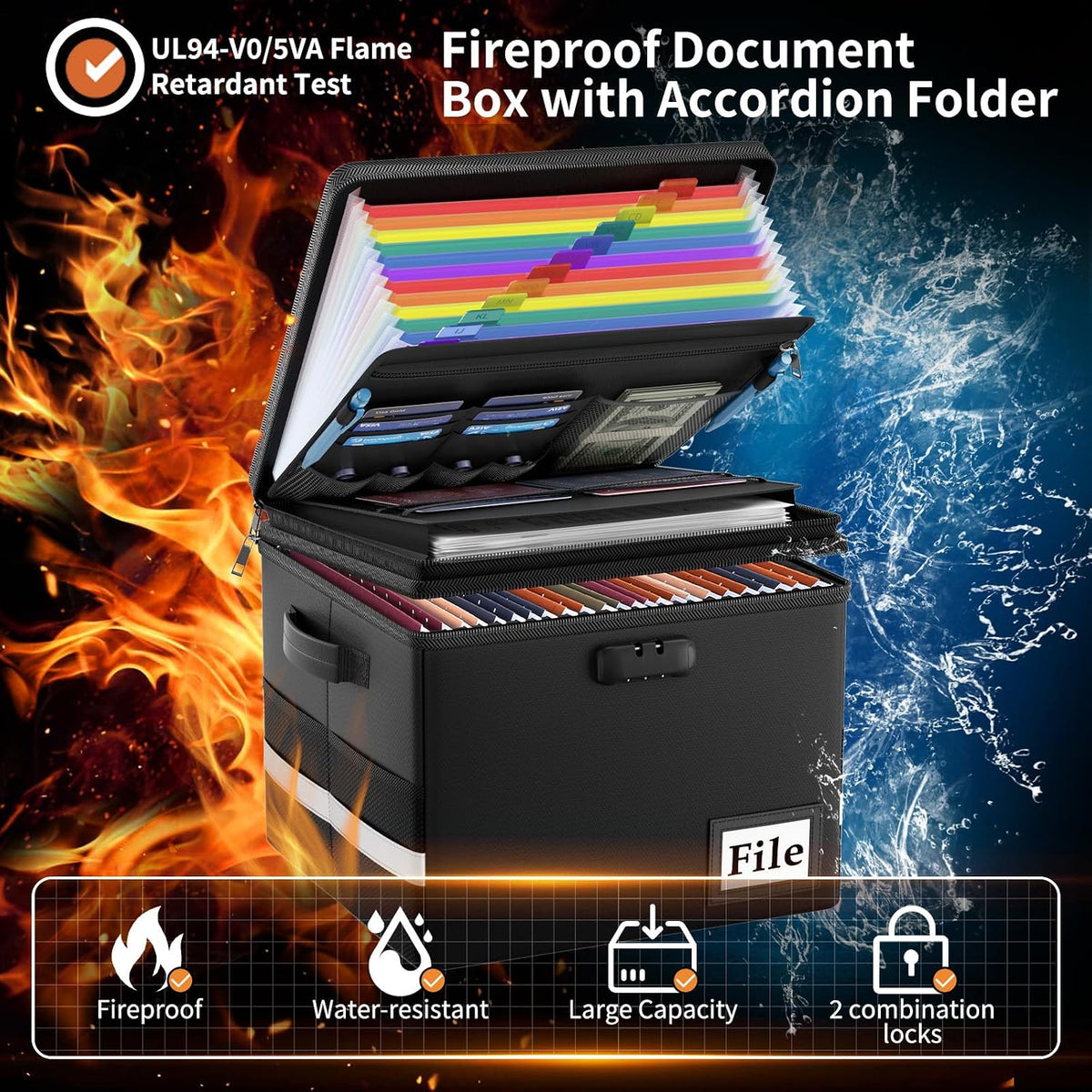 Fireproof Document Box with Locks and Accordion File Folder,Black