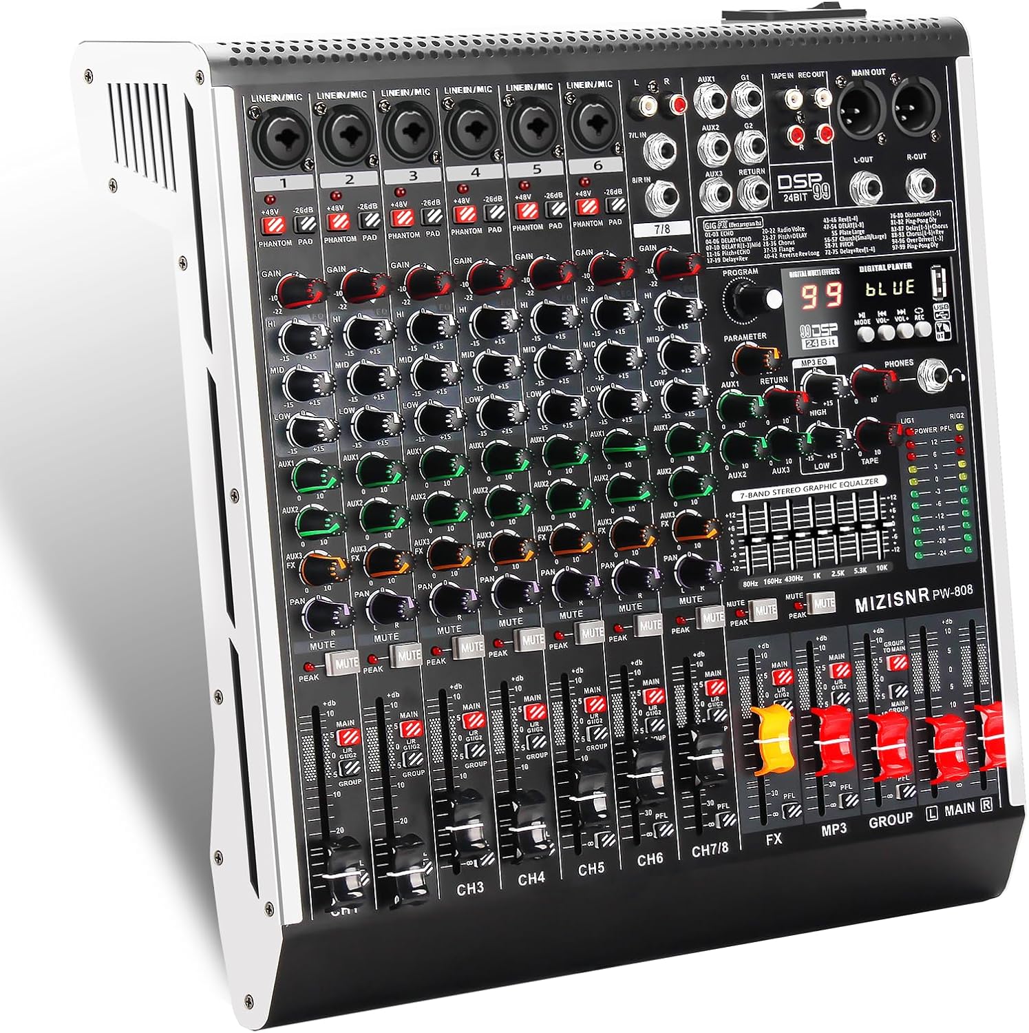 8 Channel Audio Mixer Professional Sound Mixing Board with 99 DSP Effects, 7-band EQ Digital DJ Mixer Console w/USB