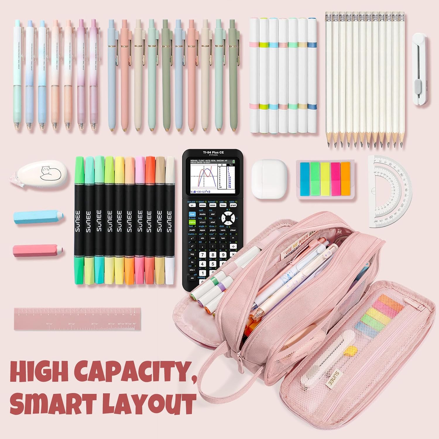 Large Capacity Pencil Case with 3 Compartment, Extra Big Pencil Pouch, Pencil Bag with Zipper, Cute High Stationery