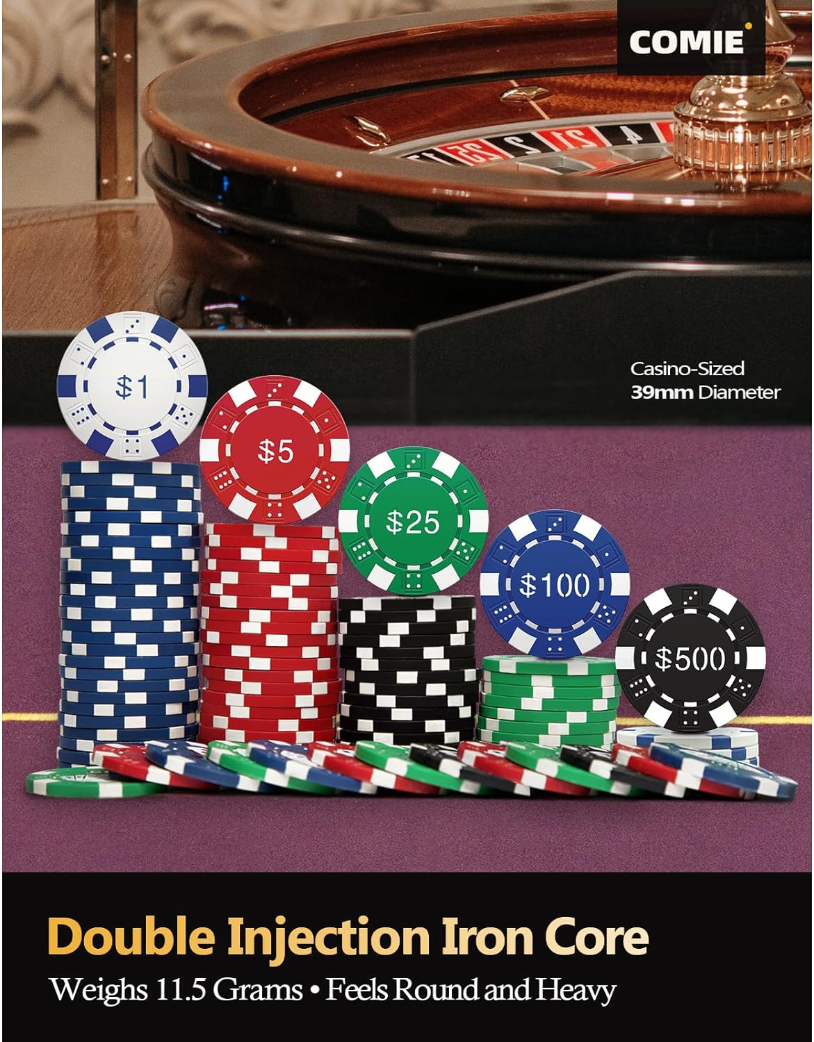 Poker Chips with Numbers,500PCS Poker Chip Set with Aluminum Travel Case,11.5 Gram Poker Set for Texas Holdem