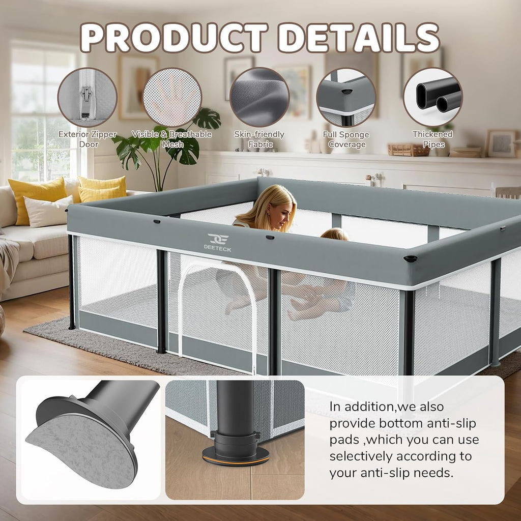 74x50 Foldable Baby Playpen with Mat - Portable Outdoor Play Yard, Grey | Portable Play Pen for Toddlers 1-3, Storage