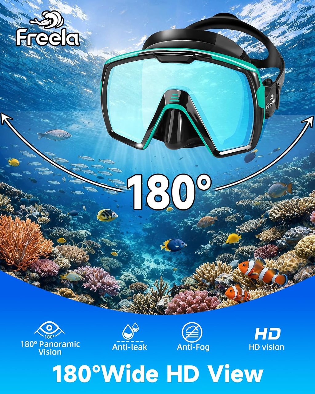 Adult Snorkel Diving Mask with Nose Cover, Tempered Glass Anti Fog Waterproof 180° Panoramic Wide View Scuba Free