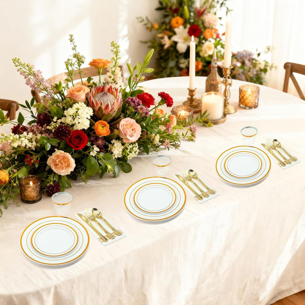 Gold White Plastic Plates Set, 175PCS Disposable Dinnerware for 25