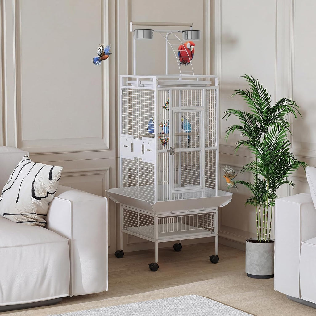 60 Inch Wrought Iron Bird Cage - Spacious Parrot Cage with Rolling Stand, Play Top & 4 Stainless Steel Bowls - for