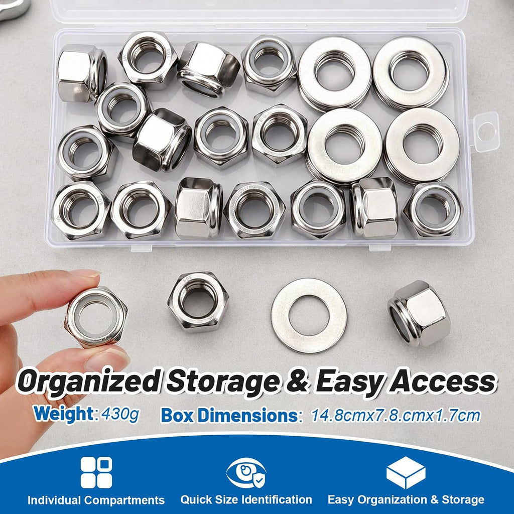 1/2-13 Lock Nut 32Pcs Stainless Steel Nylock Locking Nuts with Washers