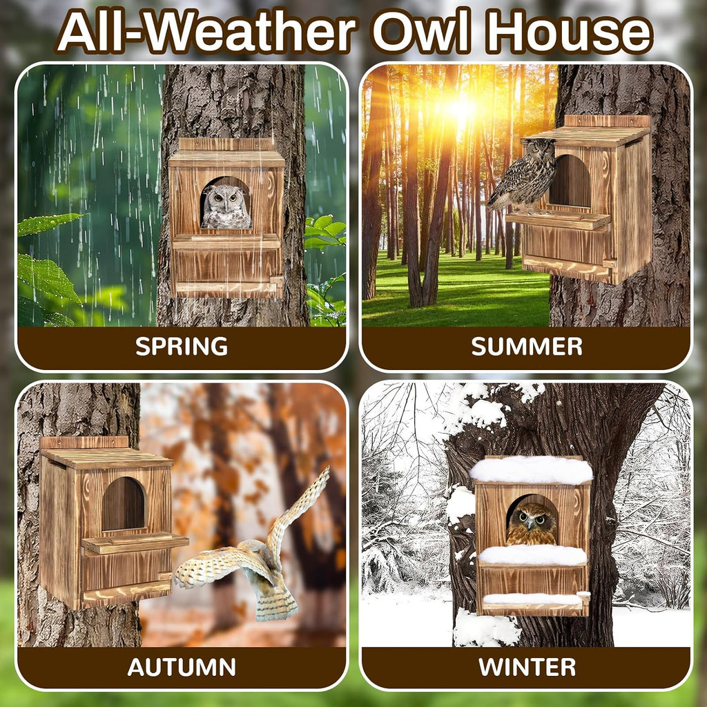 Large Owl House with Wood Shavings, Carbonized Pine Wood Nesting Box