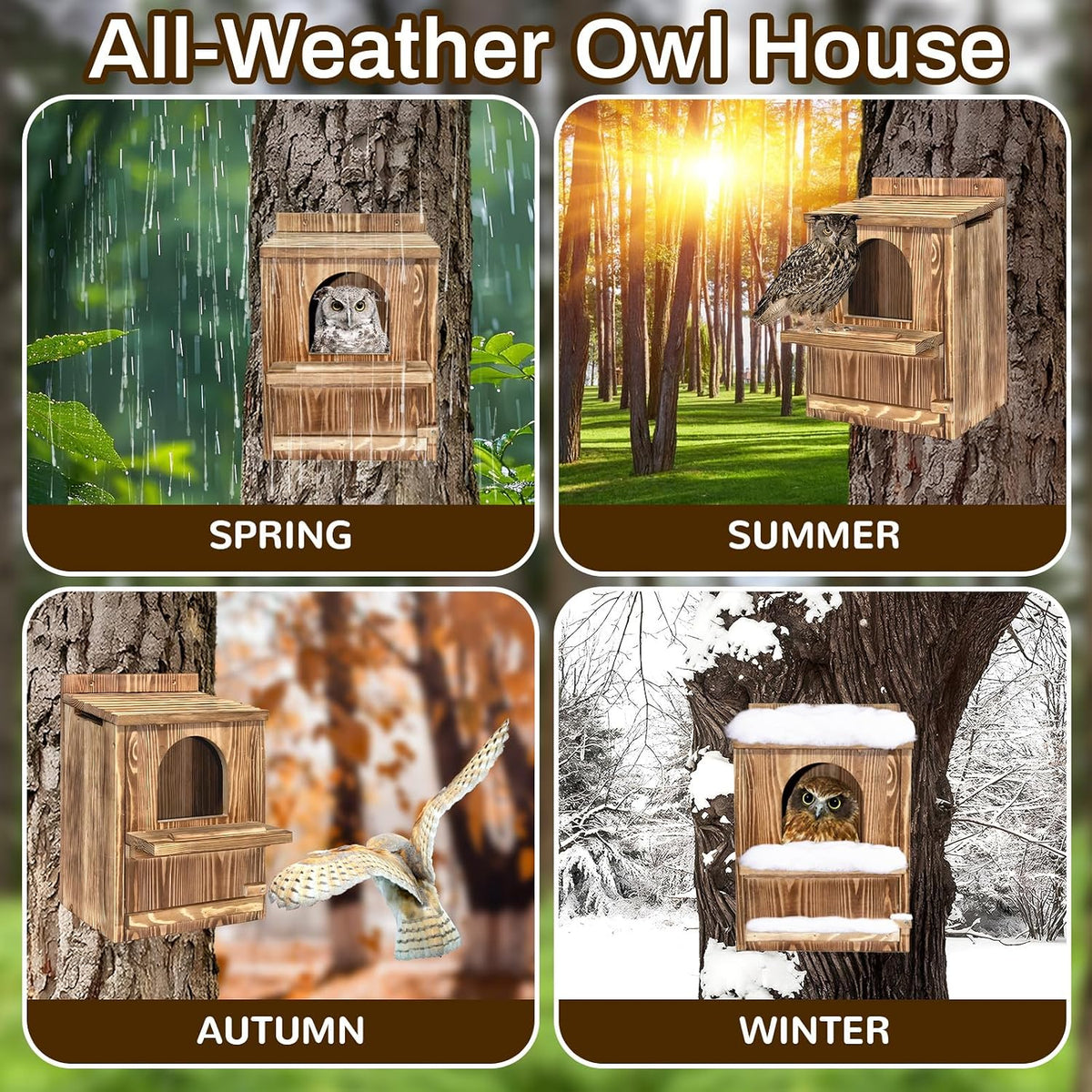 Large Owl House with Wood Shavings, Carbonized Pine Wood Nesting Box