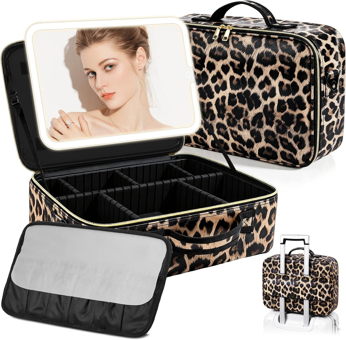 Makeup Bag with Mirror and Light, 15"X11" Large, Leopard Print PU Leather