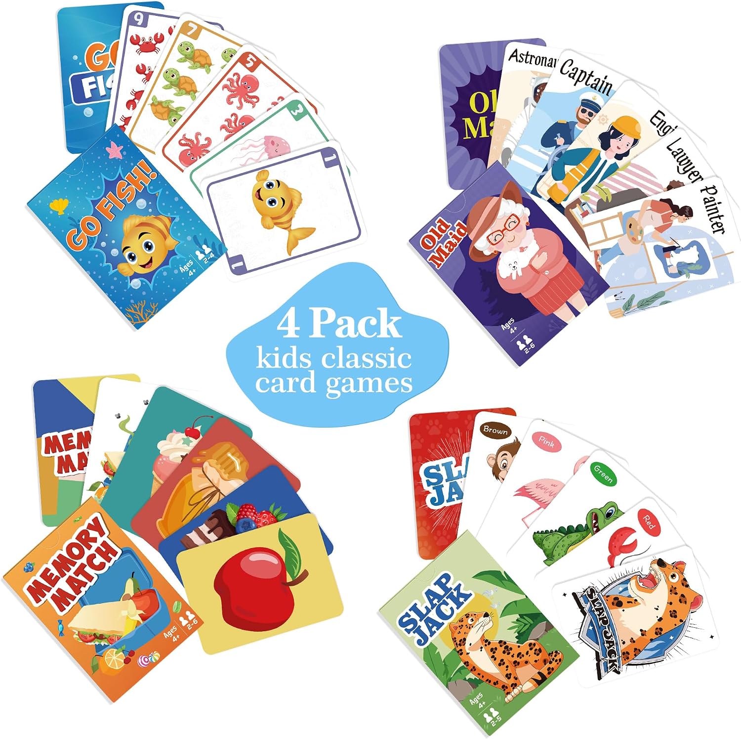 Card Games Go Fish,Old Maid,Slap Jack and Memory Match-4 Decks in 1 Pack,Classic Card Games for Kids Toddlers,Fun