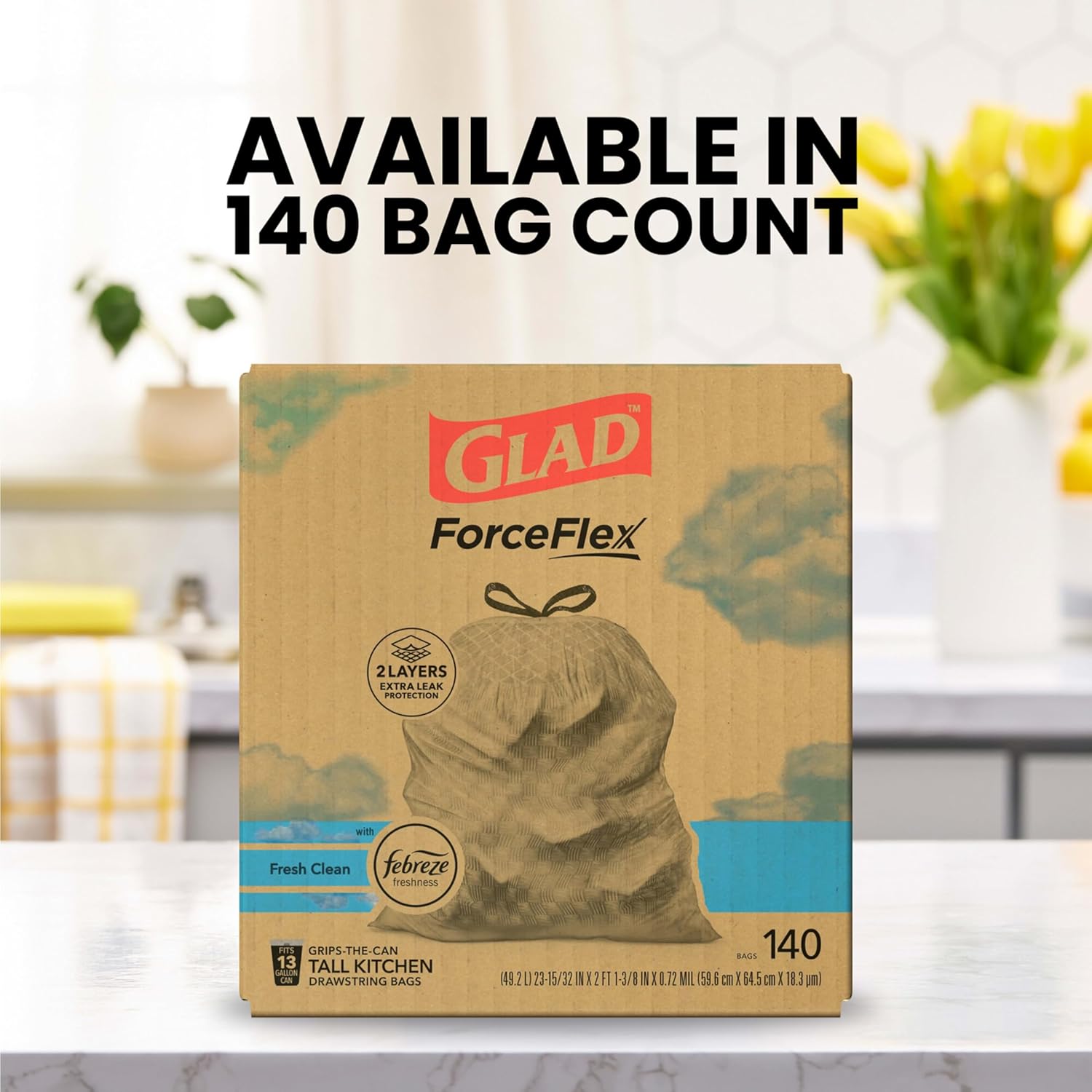 ForceFlex Tall Kitchen Trash Bags, 13 Gallon, Fresh Clean, 140 Count (Package May Vary)