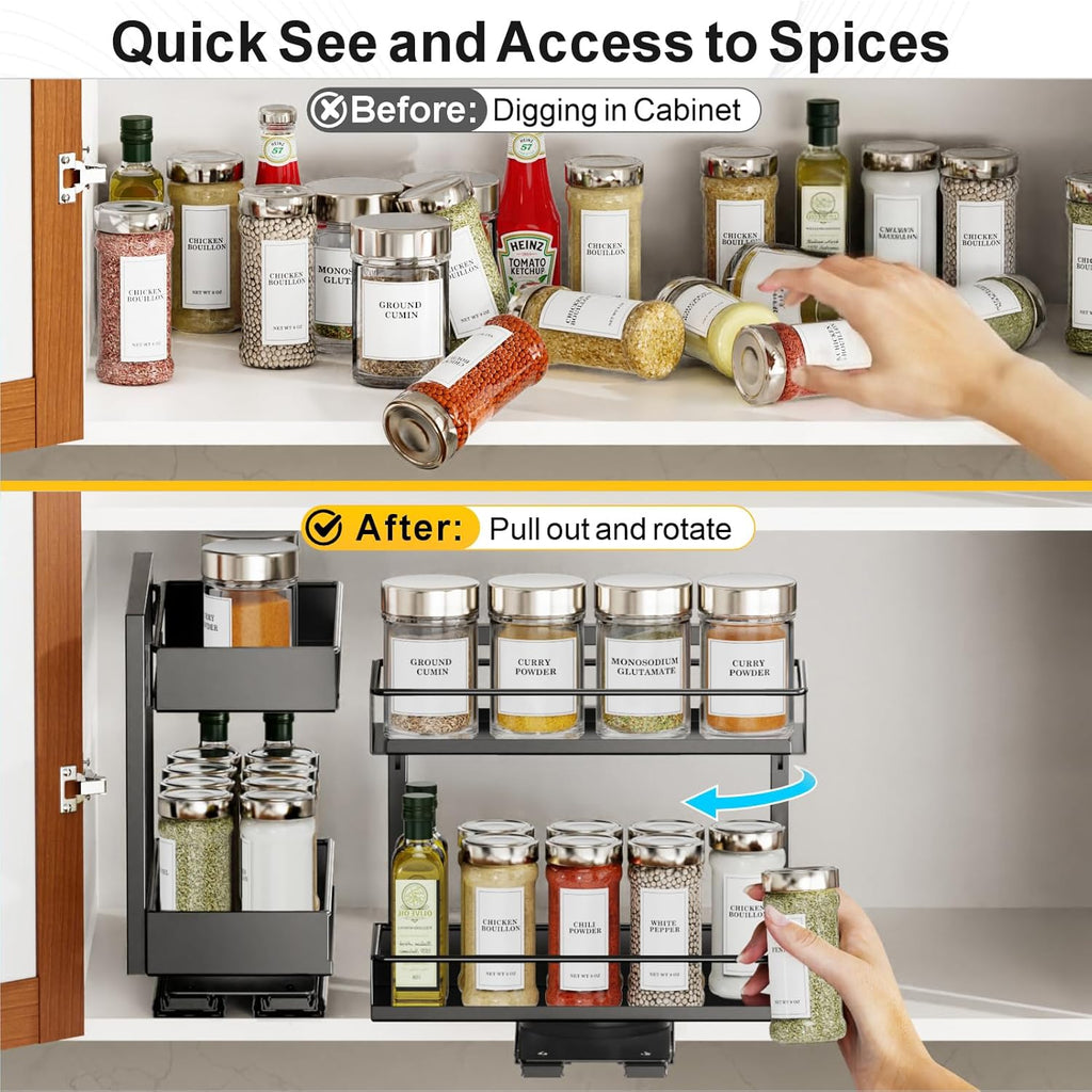 Pull Out Spice Rack - 2 Pack Rotate Peel and Stick No-Drill Vertical Spice Rack Organizer for Cabinet Easy Access