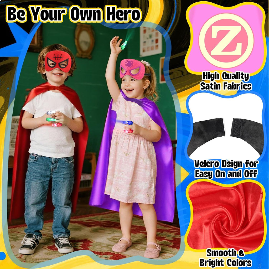 Superhero Capes with Finger Lights, Masks Dress Up for Kids 3-12 | 8 Capes, 8 Masks, 8 Lights for Boys Girls