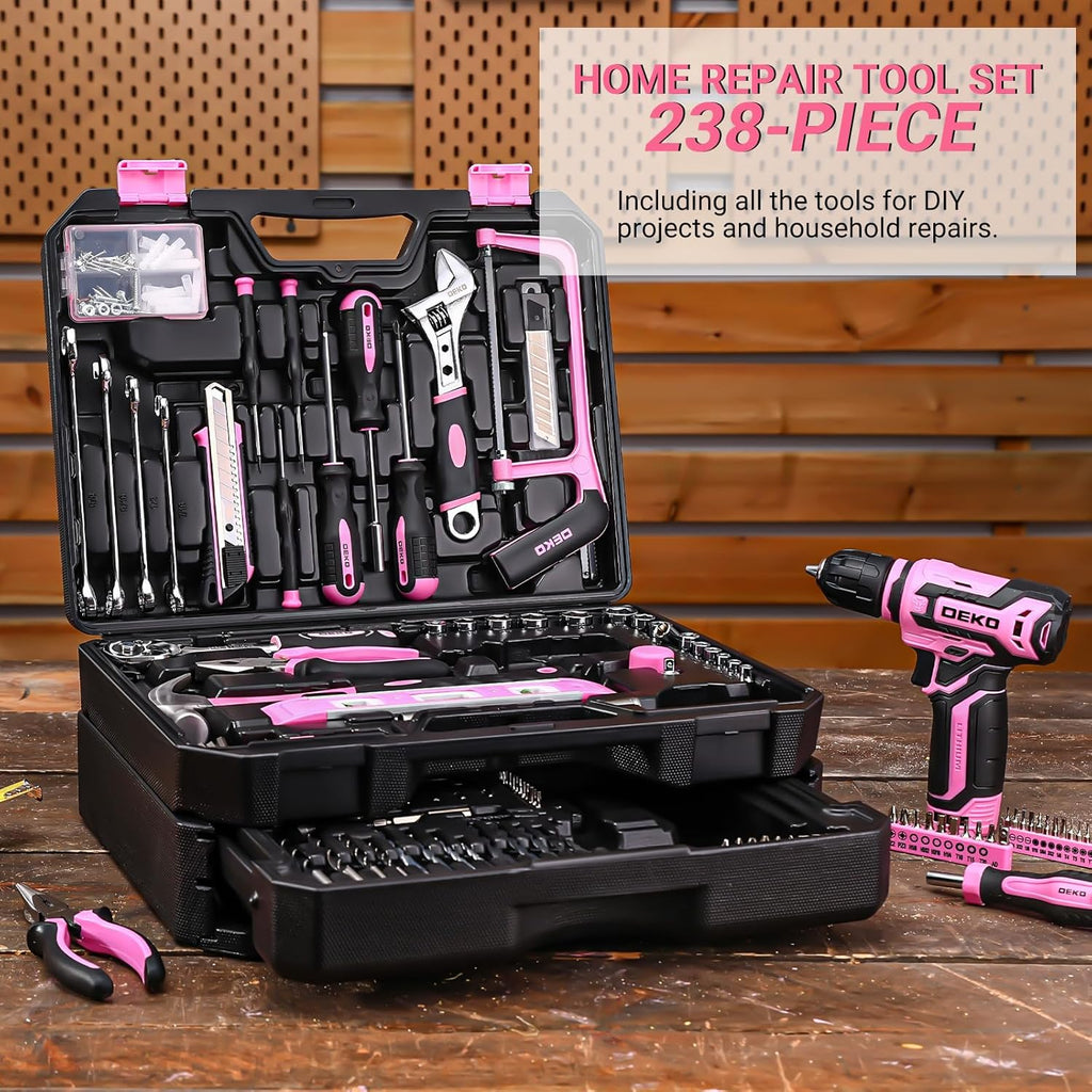 Pink Tool Kit Box Drill Set：DEKOPRO Home Mechanic Toolbox with 12V Power Cordless Drill Hand Repair Tools Sets Combo