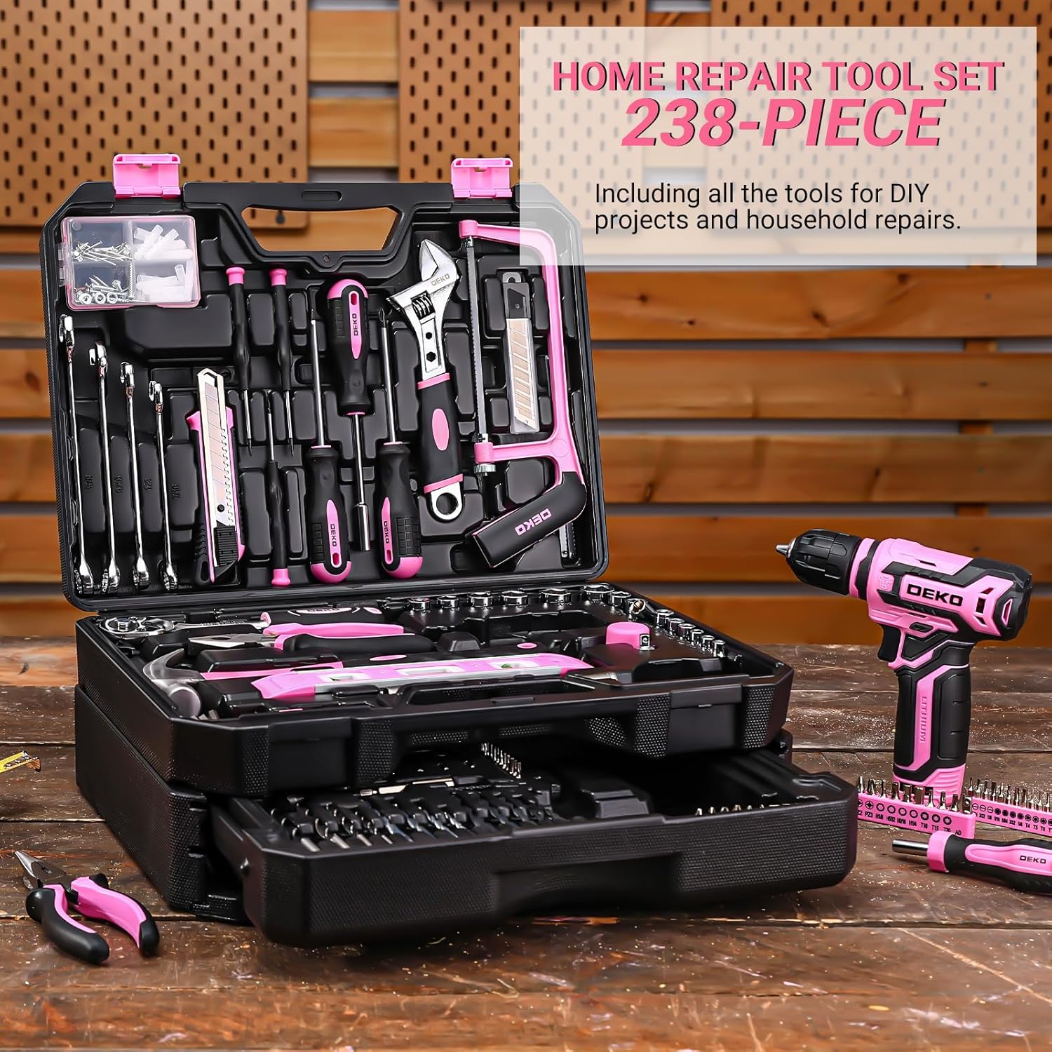 Pink Tool Kit Box Drill Set：DEKOPRO Home Mechanic Toolbox with 12V Power Cordless Drill Hand Repair Tools Sets Combo