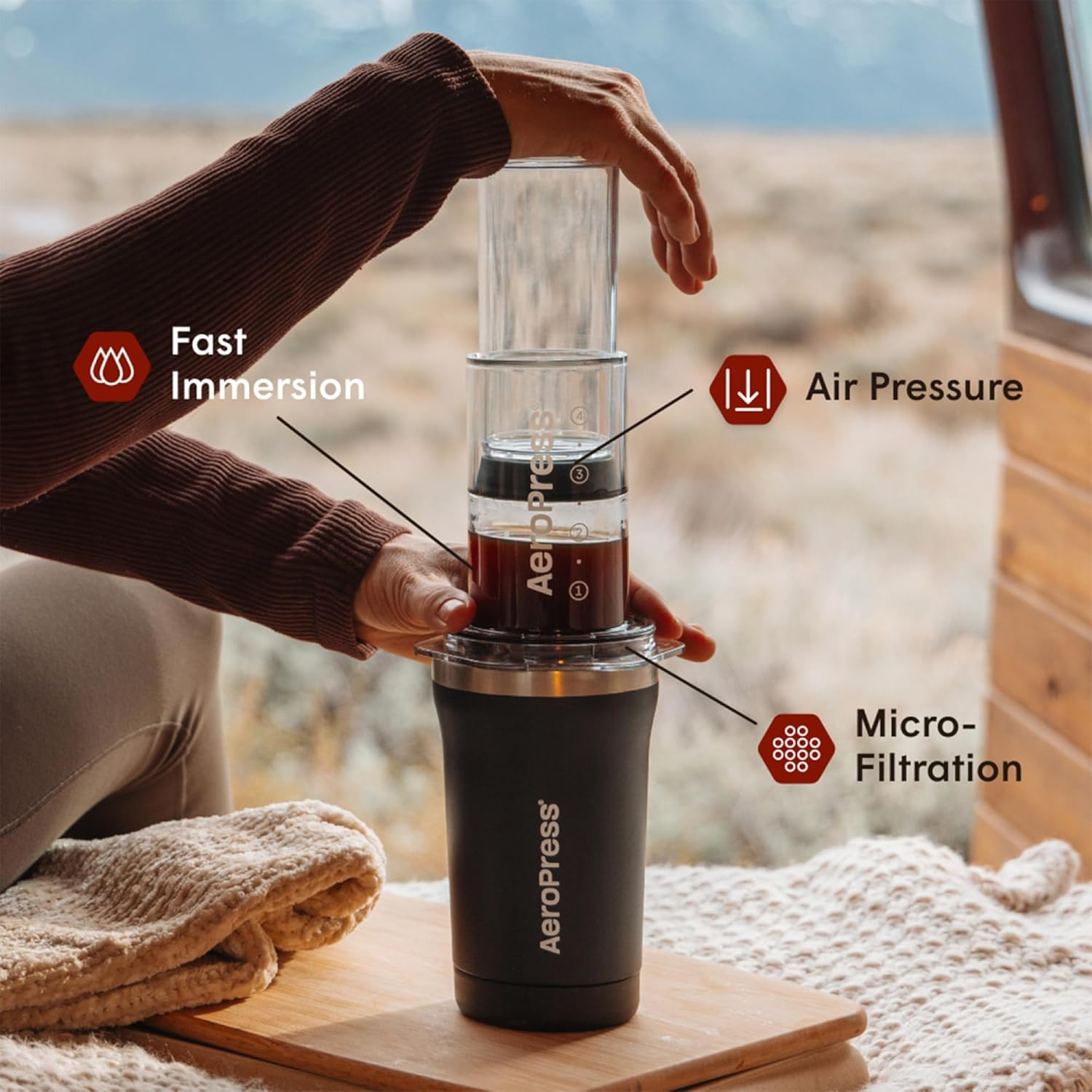 Go Plus, Small Portable Coffee Maker Kit, Travel, Camping & Office, All-in-One French Press, Pour-Over & Espresso