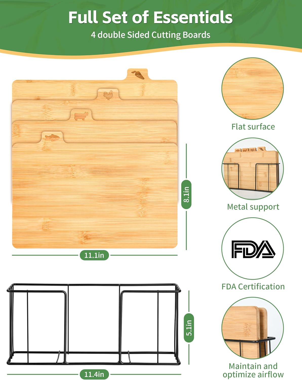 Bamboo Cutting Board Set with Meatal Stand, Lexda 4PCS Eco-Friendly Labeled Tabs Cutting Board, Durable Cutting