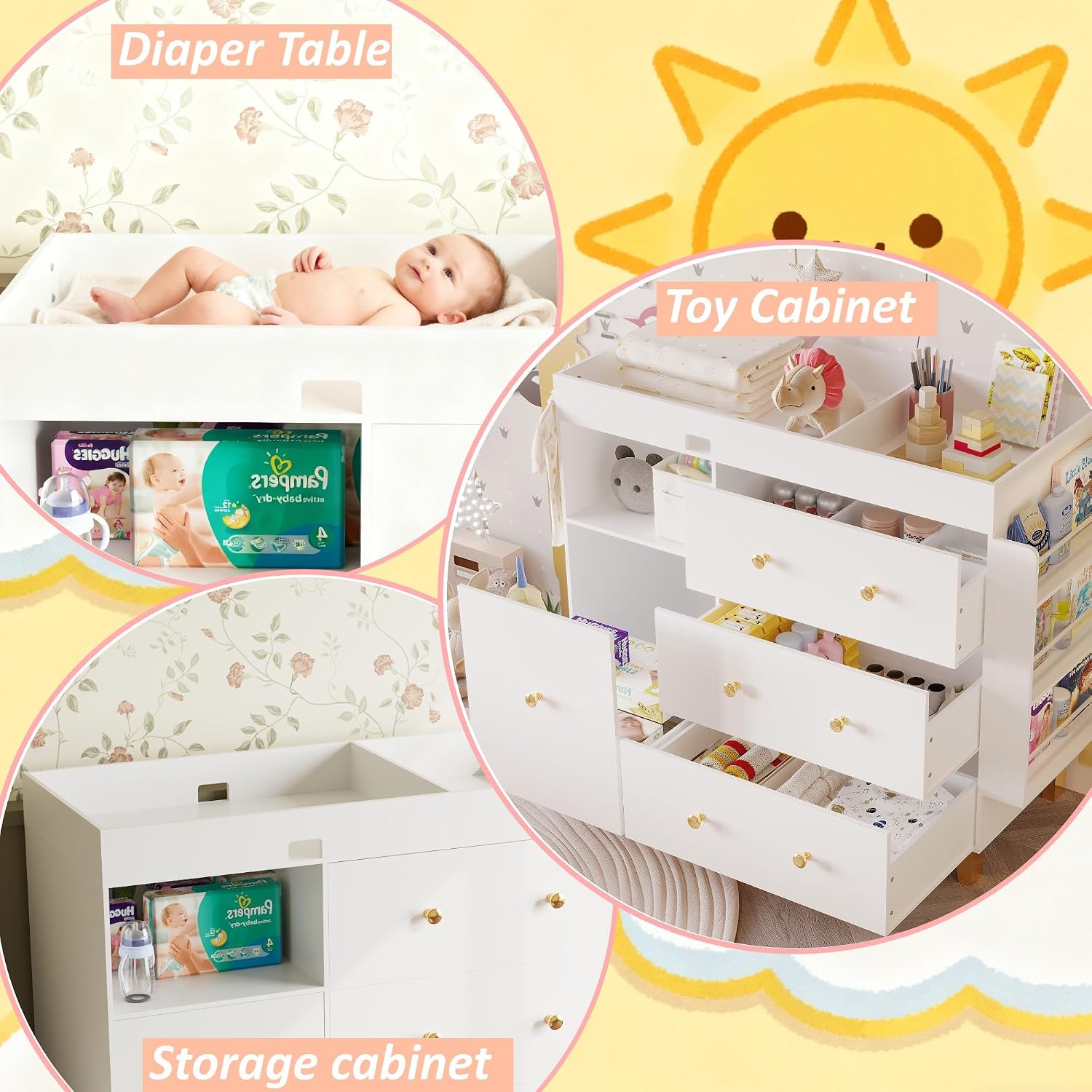 Wooden Baby Changing Table Dresser,Diaper Changing Table with Large Tabletop,4 Drawers, Open Storage Space & Side