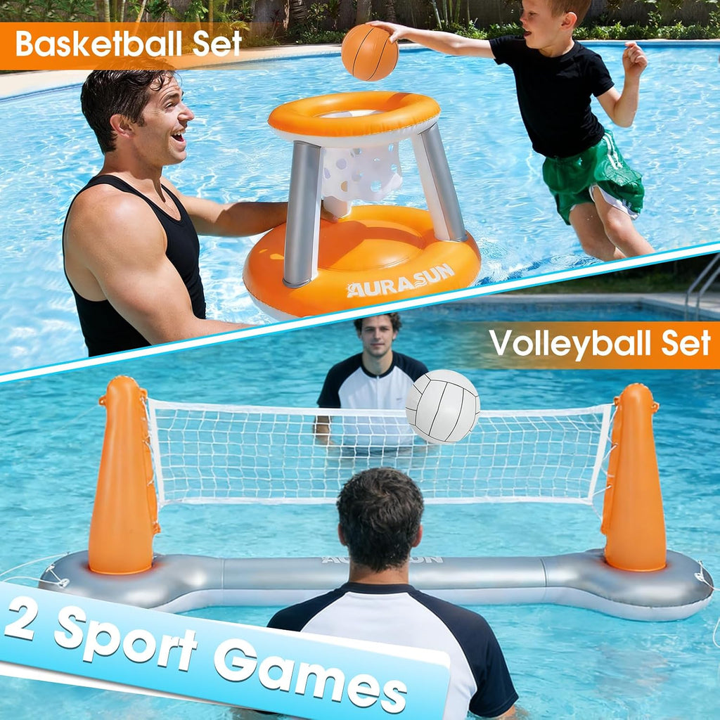Inflatable Pool Volleyball Net, Floating Swimming Pool Set with Basketball Hoop, Summer Pool Game Toy for Kids and