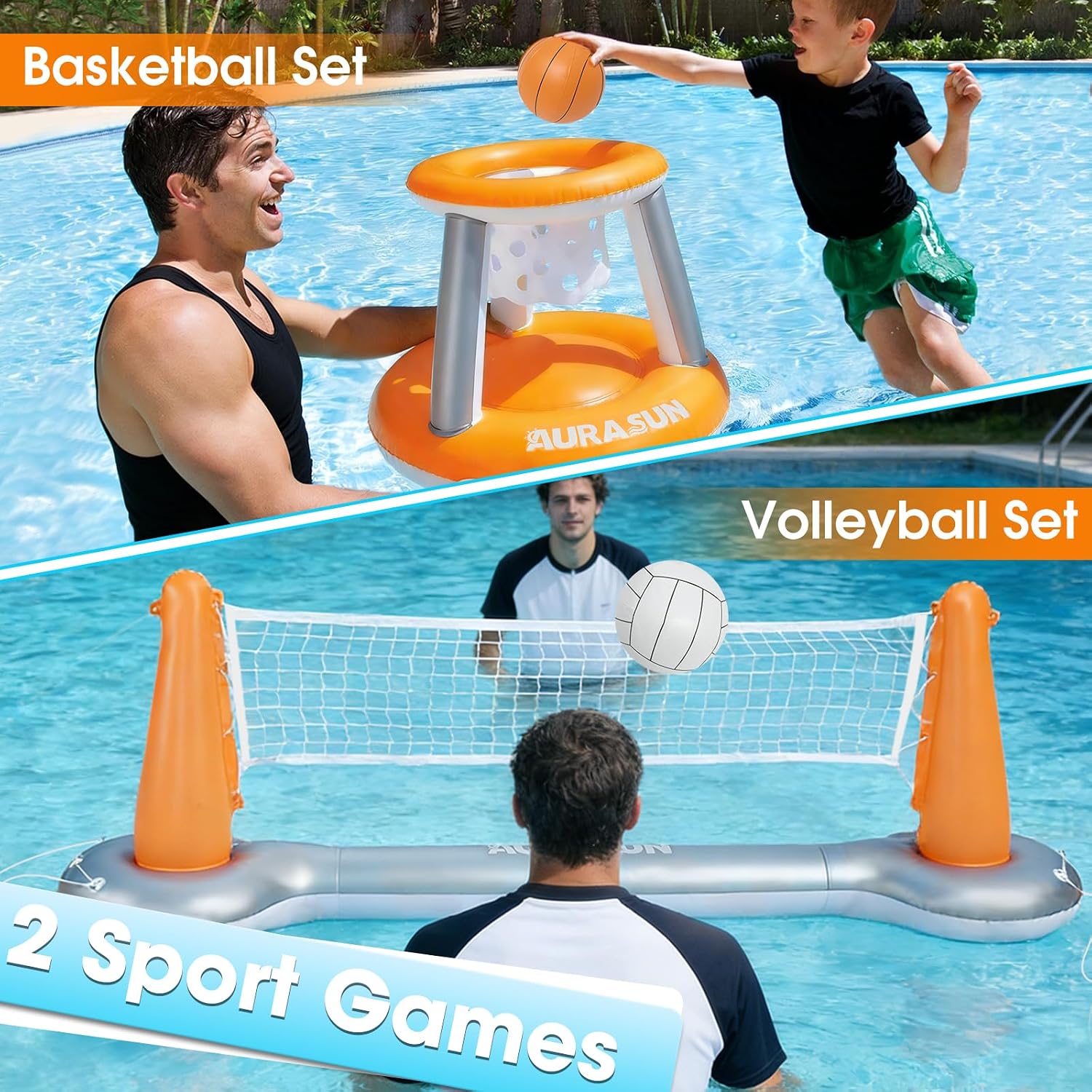 Inflatable Pool Volleyball Net, Floating Swimming Pool Set with Basketball Hoop, Summer Pool Game Toy for Kids and
