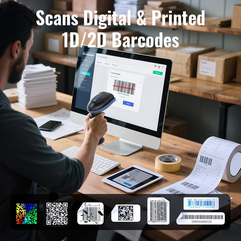 Barcode Scanner with Battery Indicator: 2D Wireless, D5100, Blue | USB Wired, 2.4G Wireless, 2200mAh Battery, 1D 2D