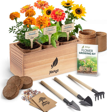 Sunflower, Marigold & Zinnia Flower Seeds Growing Kit | Complete Indoor & Outdoor Kit with Seeds for Planting
