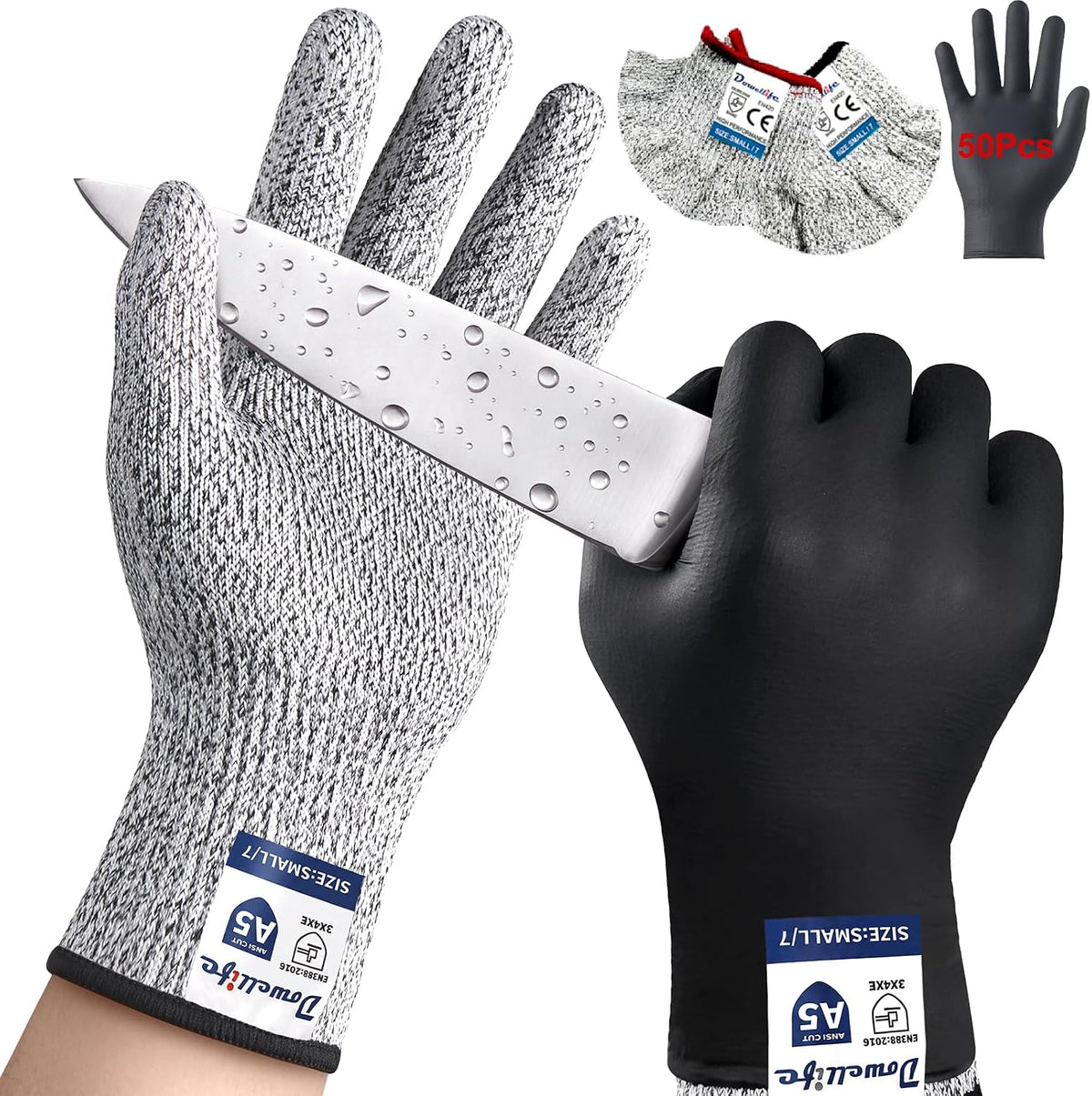 A5 Cut Resistant – Rarely Need Wash, with Nitrile Outer Gloves, Red/Black Cuffs, 13-Gauge Flexible Kitchen Gloves for