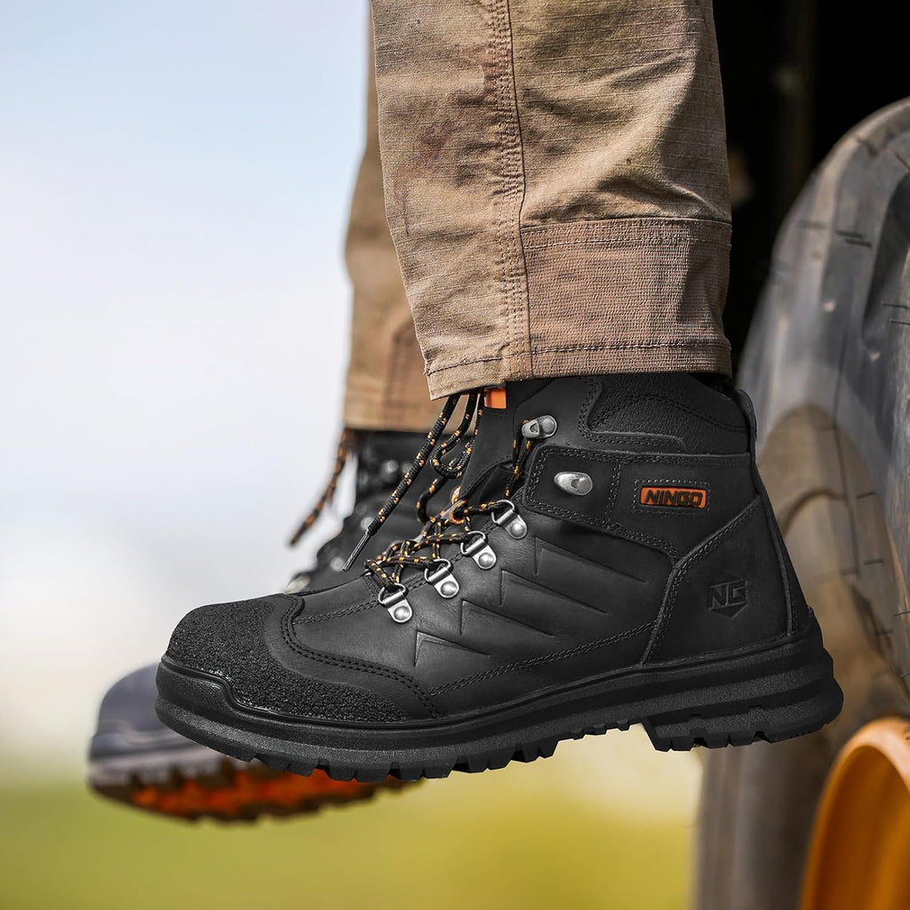Mens Steel Toe Work Boots, Full Grain Leather, Oil and Slip Resistant, Puncture Proof Construction Boots with
