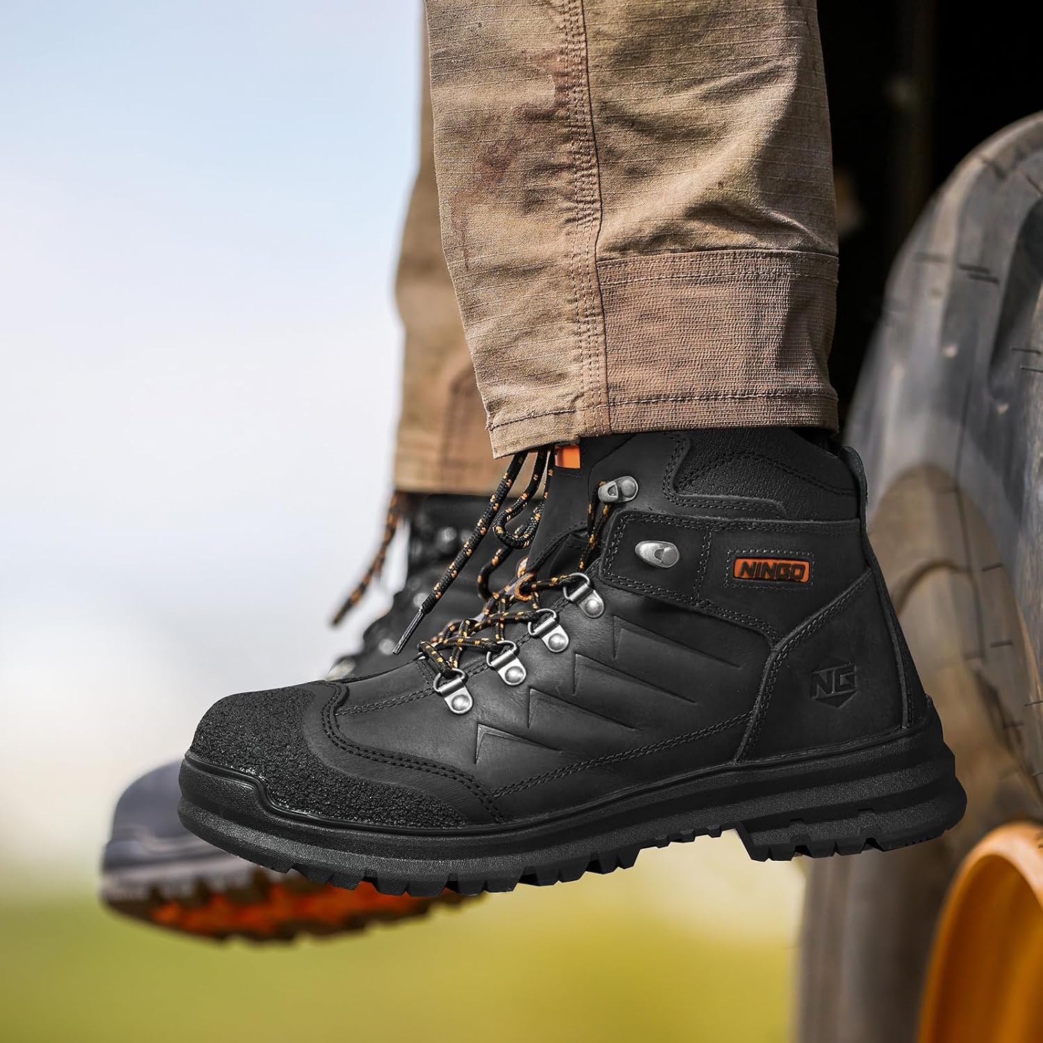 Mens Steel Toe Work Boots, Full Grain Leather, Oil and Slip Resistant, Puncture Proof Construction Boots with