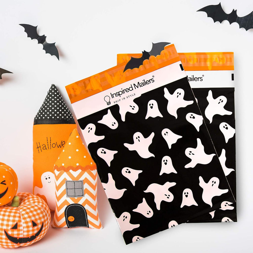 100 Pack- Halloween Poly Mailers 10x13 - Ghosts (Black)