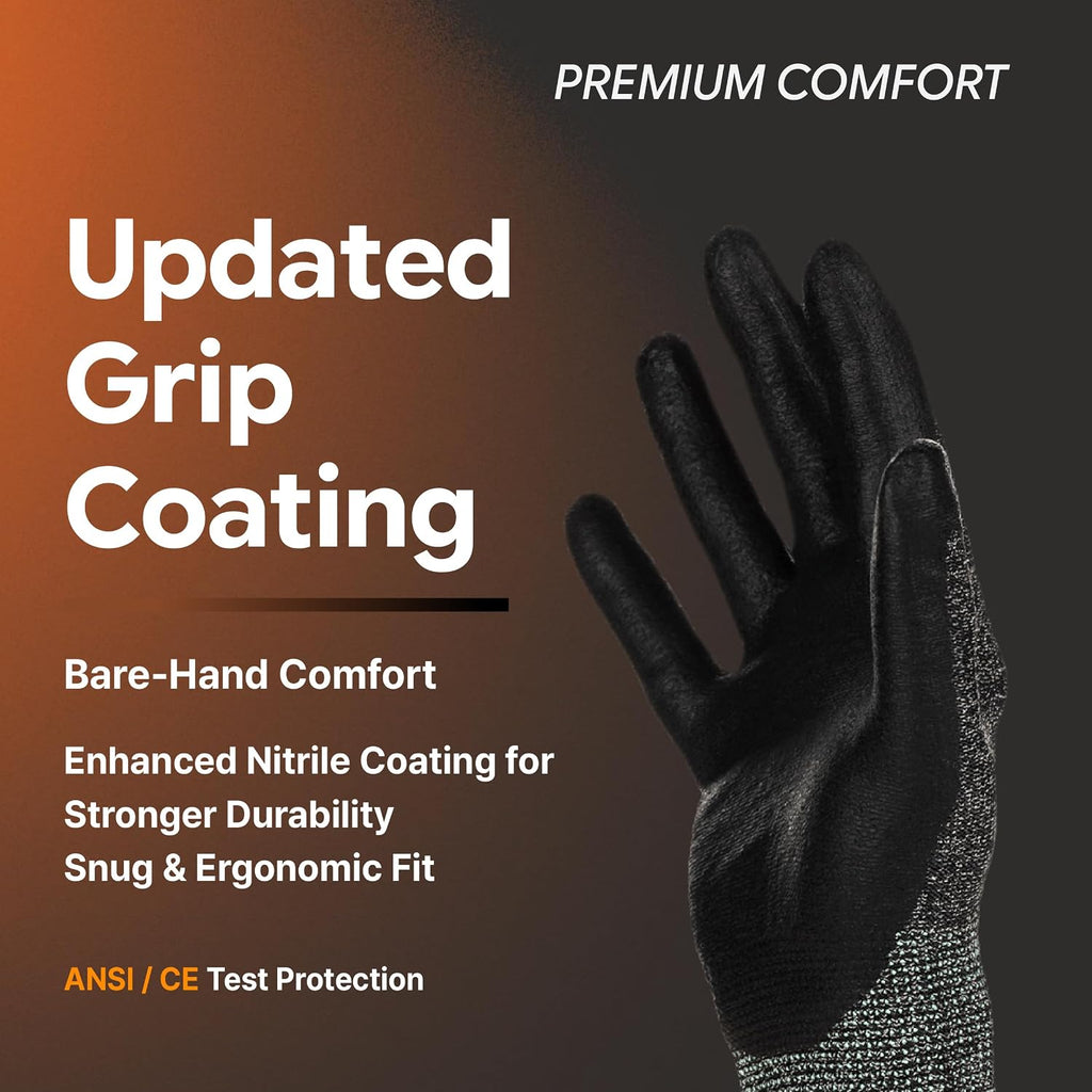 Nitrile Work Gloves FN330, 3 Pairs, 3D-Comfort Stretchy Fit, Firm Grip, Thin & Lightweight, Touch-Screen Compatible