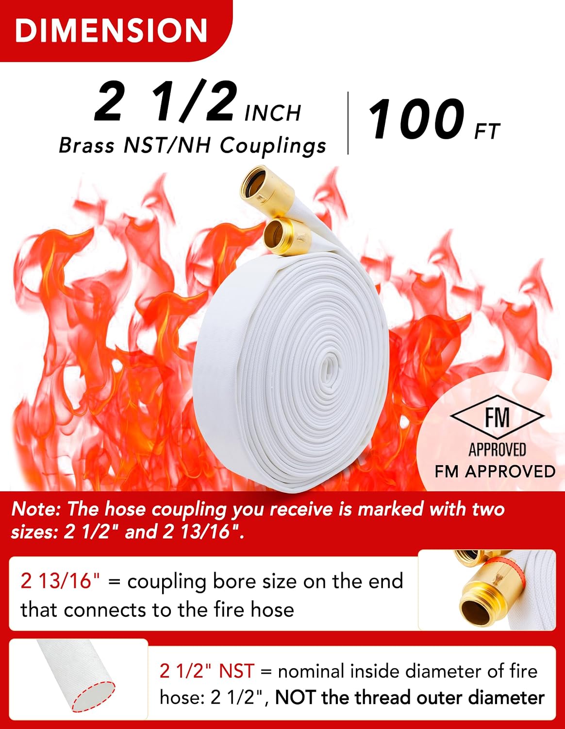 ZYfire Fire Hose 2-1/2" ID x 100 FT, NST Coupling, Double Jacket TPU Lined