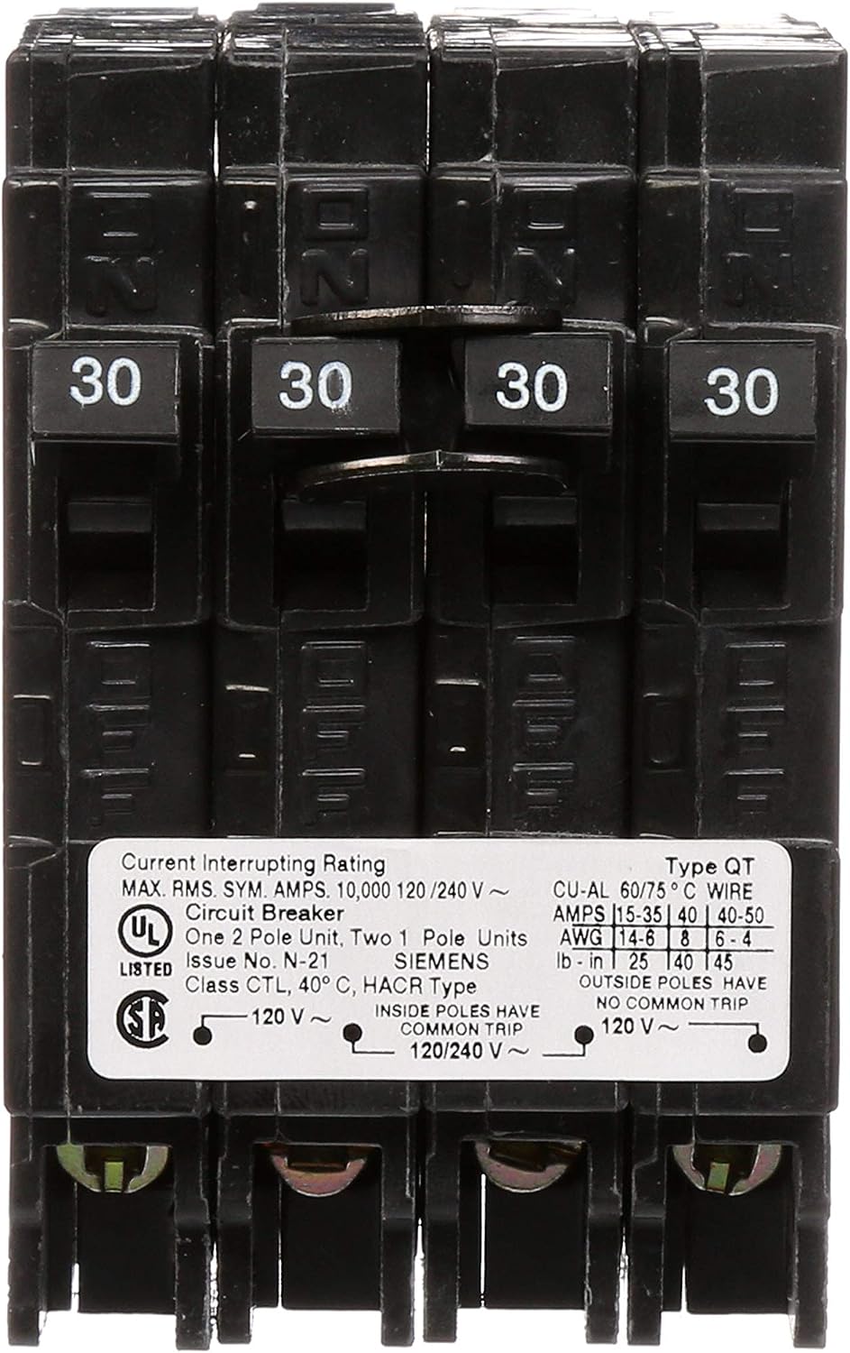 Siemens Q23030CT 30-Amp Double Pole Two 30-Amp Single Pole Circuit Breaker