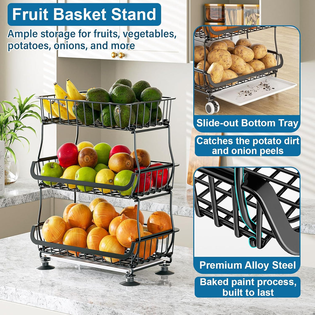 3-Tier Rolling Pantry Floor Organizer and Storage Cart with Wheels, Stackable Wire Pantry Baskets for Pantry Shelves