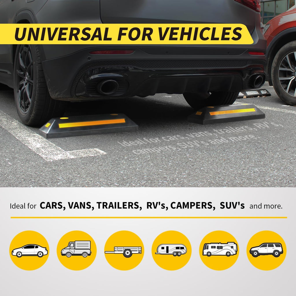 50135 2-Pack Commercial Grade Rubber Curb Parking Blocks with Yellow Reflective Strips Wheel Stops for Cars, Vans