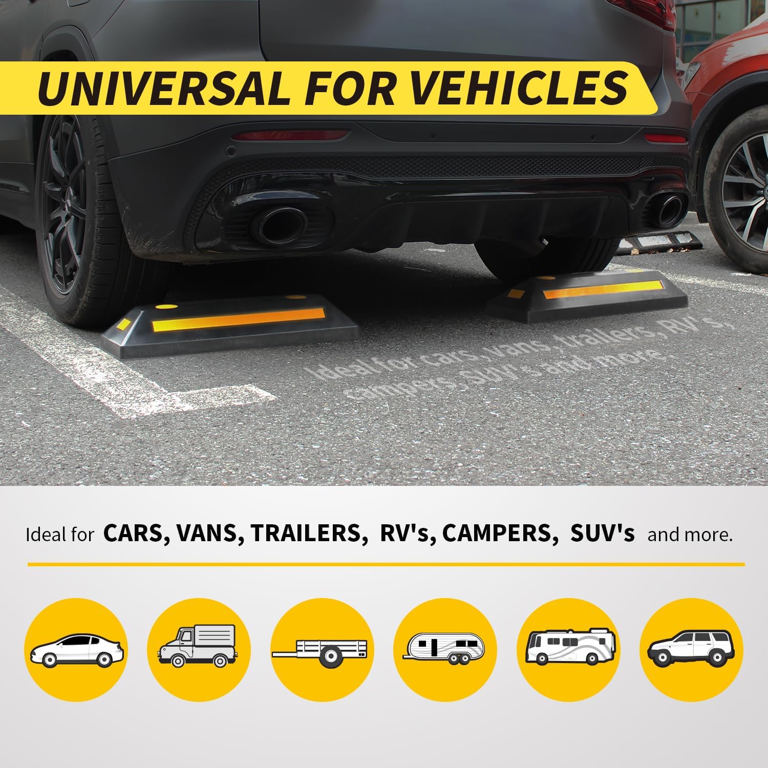 50135 2-Pack Commercial Grade Rubber Curb Parking Blocks with Yellow Reflective Strips Wheel Stops for Cars, Vans