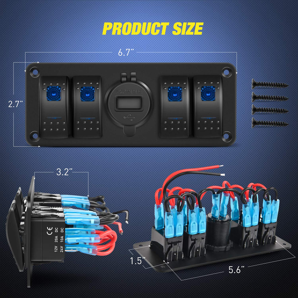 Nilight 4 Gang Rocker Switch Panel with QC3.0 Dual USB Charger Voltmeter