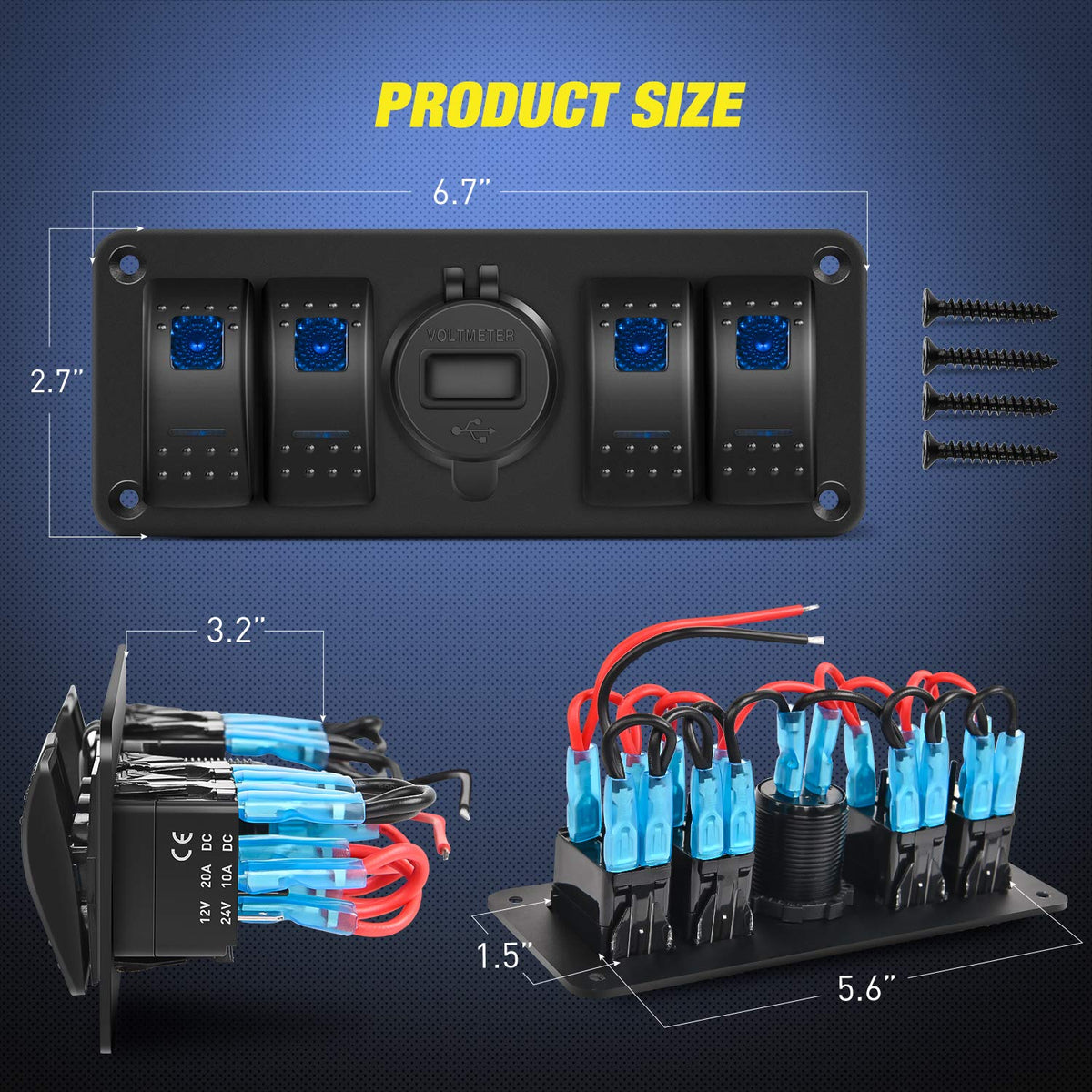 Nilight 4 Gang Rocker Switch Panel with QC3.0 Dual USB Charger Voltmeter