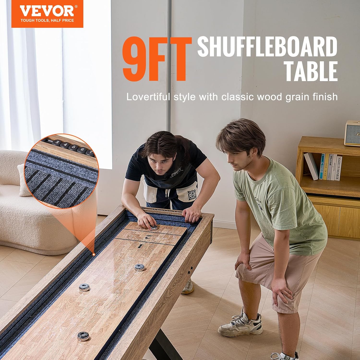 7ft 9ft 12ft Shuffleboard Table for Family Game Room, Shuffle Board with Scratch-Resistant Playfield, Legs, 8 Pucks
