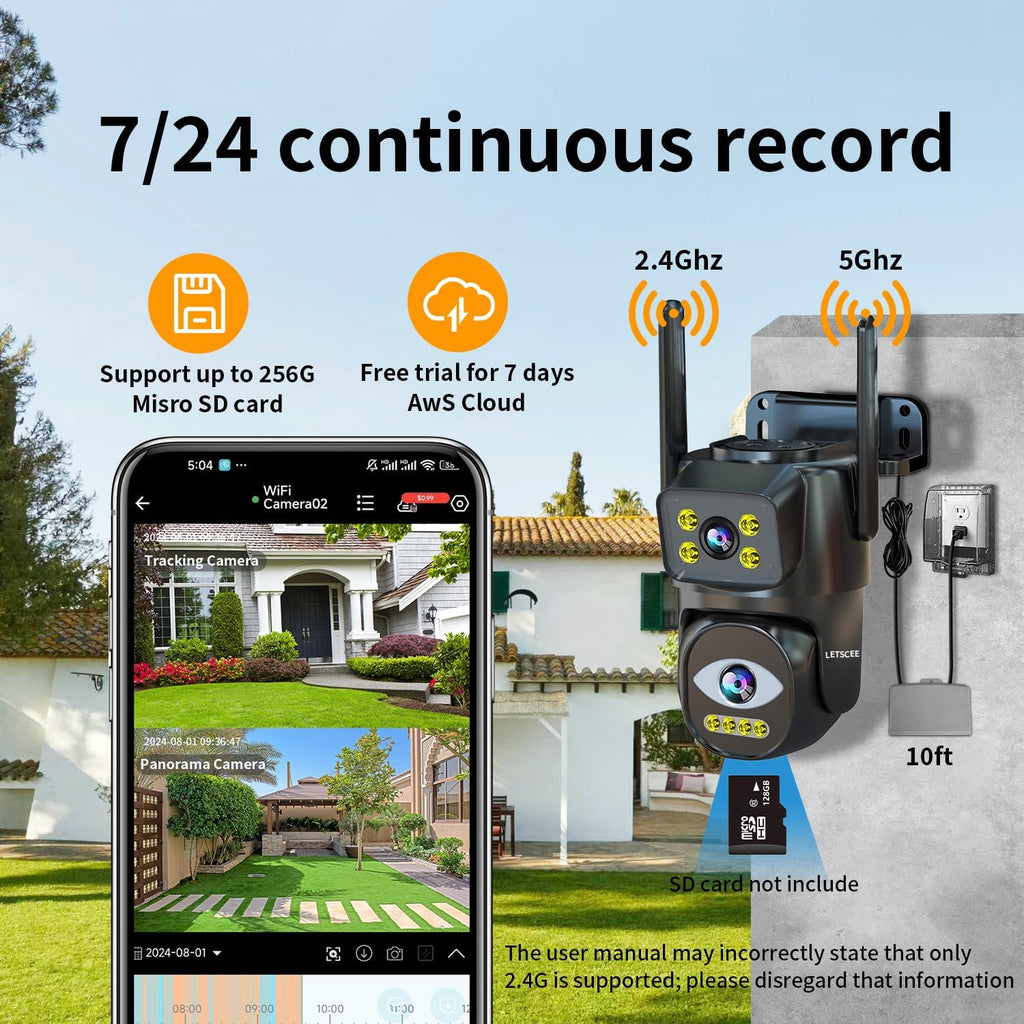Dual Lens WiFi Security Camera Outdoor, 2.4G/5G PTZ Outdoor Plug-in Camera Auto Tracking,Home Security Surveillance