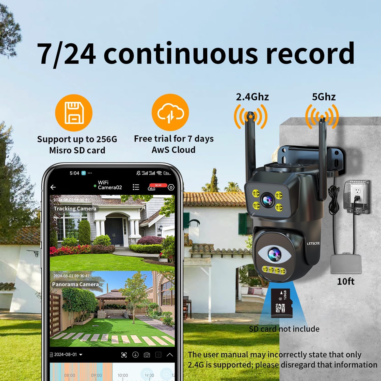 Dual Lens WiFi Security Camera Outdoor, 2.4G/5G PTZ Outdoor Plug-in Camera Auto Tracking,Home Security Surveillance