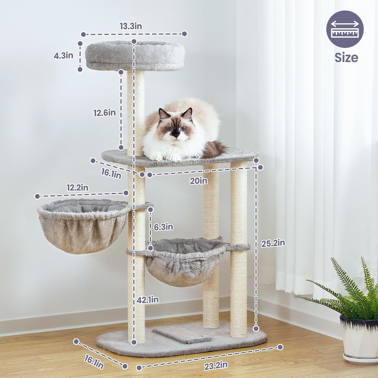 Small Cat Tree Tower with Lots of Scratching Posts - 42 Inch Medium Compact Cats Scratch House with Hammock Perch for