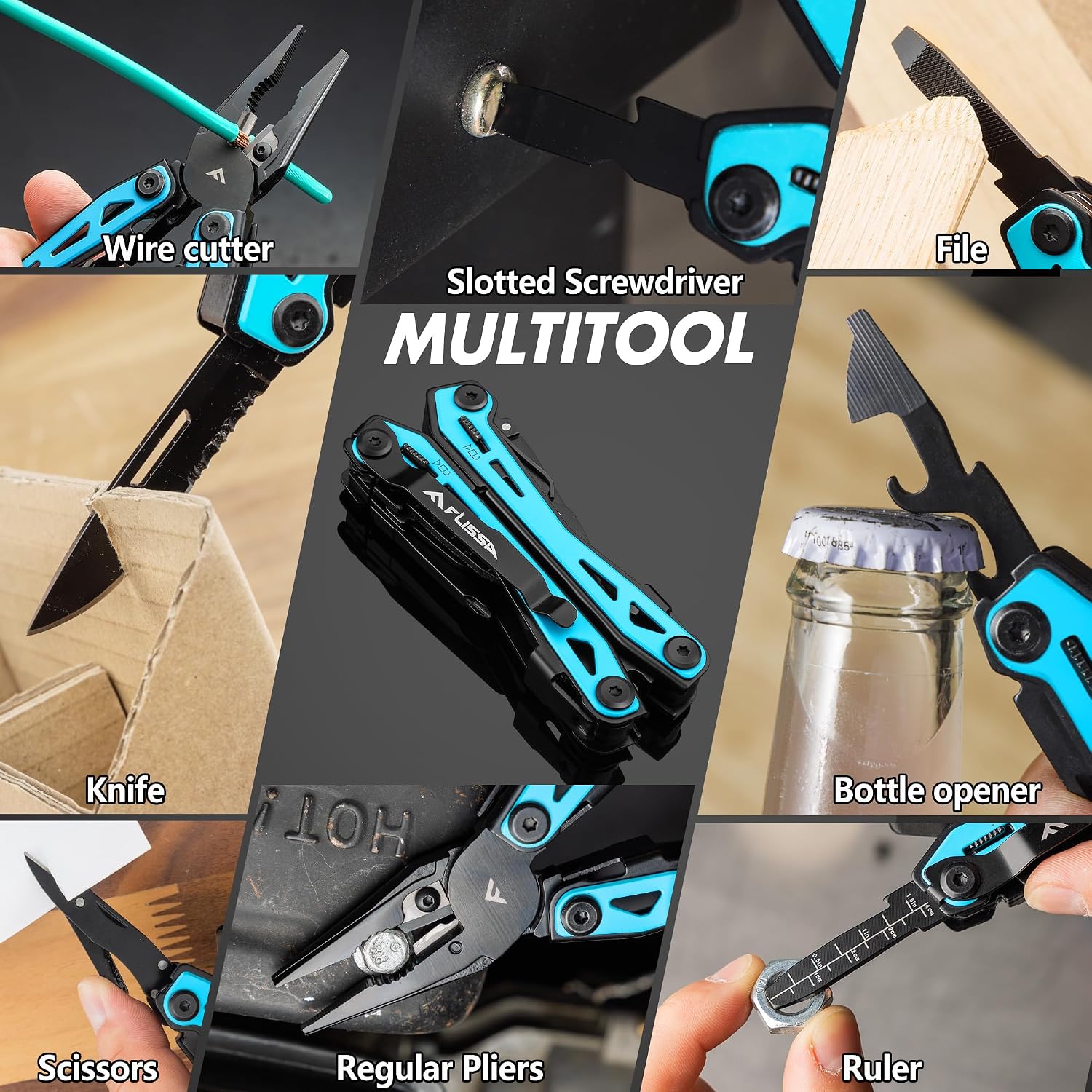 16-In-1 Multi-Tool Pliers, EDC Multitool, Aqua Blue | Gift for Men, Stainless Steel, Pocket Knife, Belt Clip, Oxford