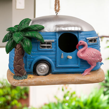 Coastal Flamingo Camper Birdhouse, Hand Painted Resin Bird House for Outdoors, Waterproof Hanging Garden Decor for