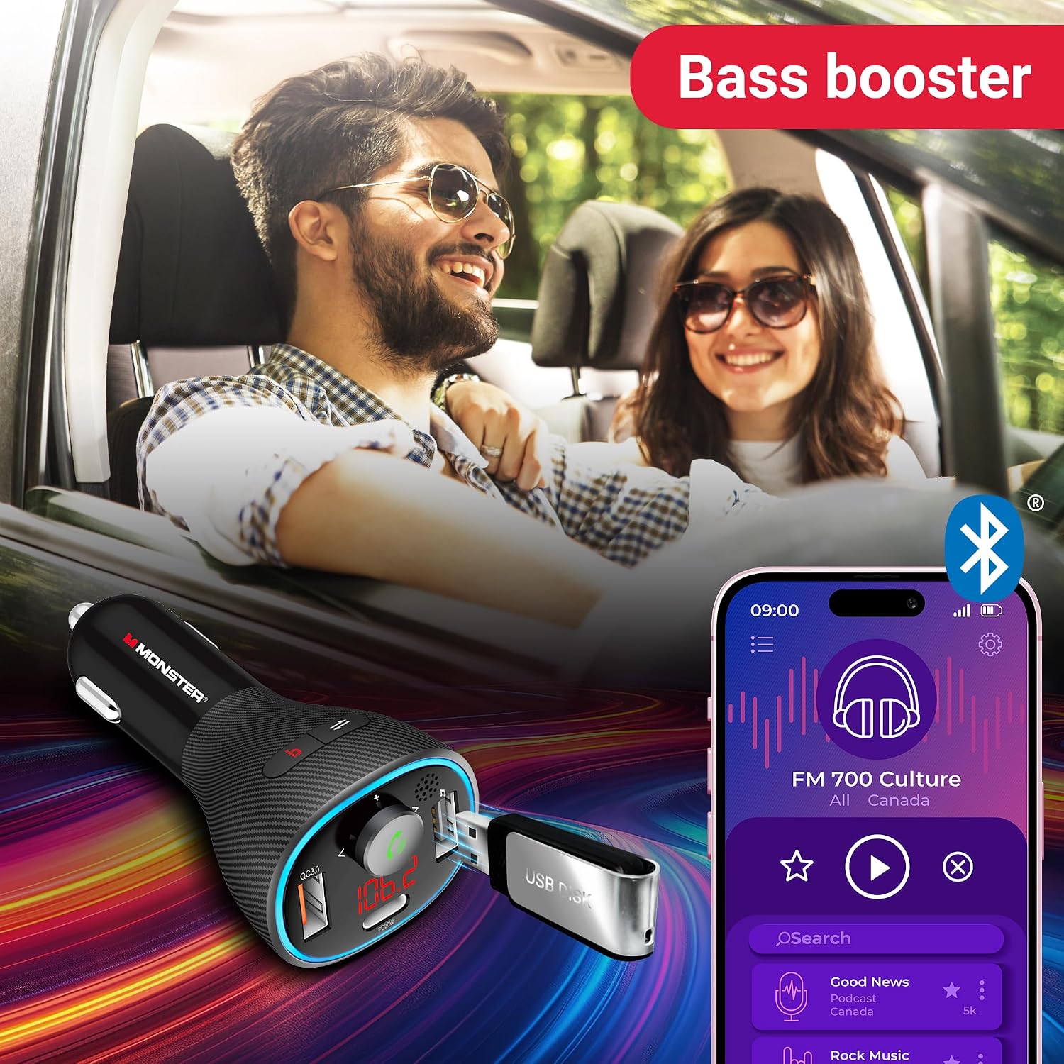 Monster Bluetooth FM Transmitter for Car Cigarette Lighter with 20W QC3.0 USB A & USB C PD Charger, Bass Boost