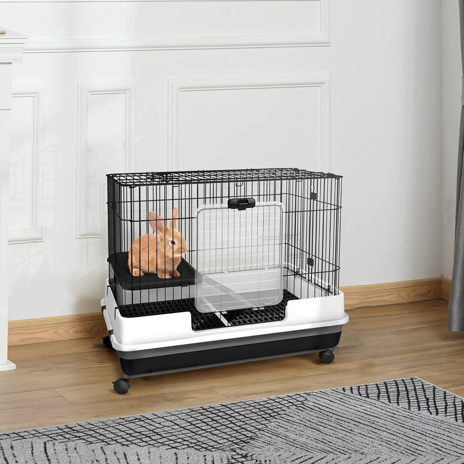 2-Level Small Animal Cage Rabbit Hutch with Wheels for Bunny Black | Removable Tray, Platform and Ramp